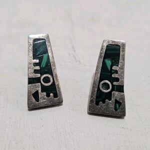 Vintage Sterling Silver & Malachite Earrings Aztec Style Made In Mexico TO-95